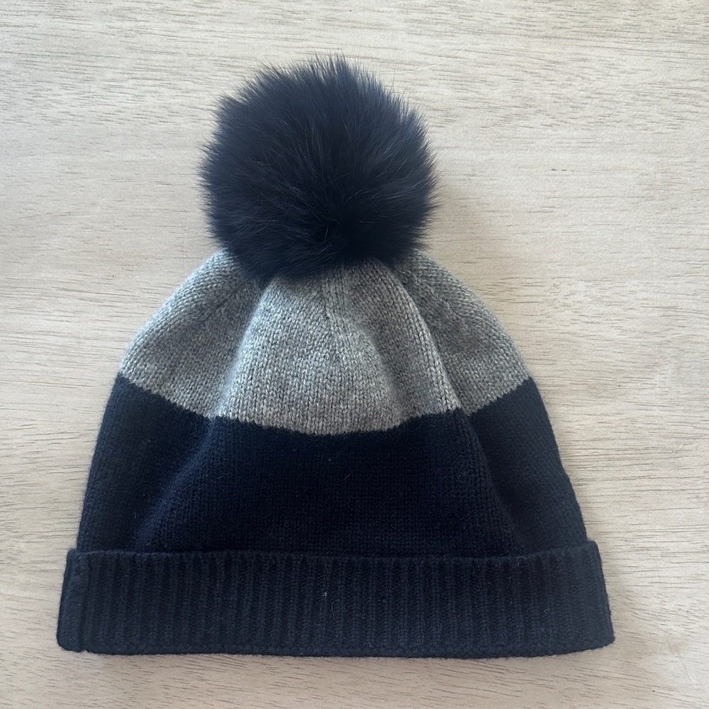 Two-Tone Gray & Black Cashmere Pom Beanie